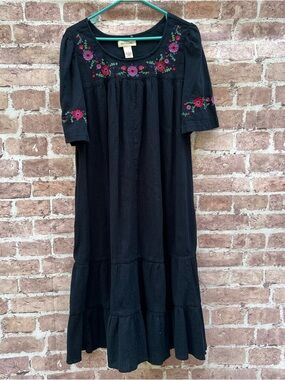 Bechamel Black Maxi Dress with Pink & Red Floral Embroidery